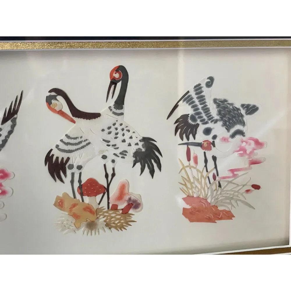 Vintage Asian Crane Silk Wall Art Framed Chinoiserie Bird Gold Frame 21” x 12.5”